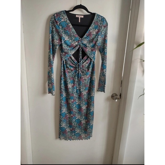 BCBGeneration Dresses & Skirts - BCBGeneration Floral Mesh Cutout Ruched Midi Dress Blue Pink Green Size T Small